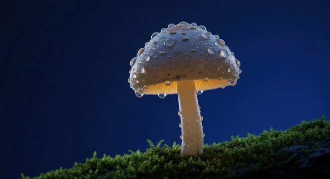 Mushroom, drops, on moss, blue depth of field