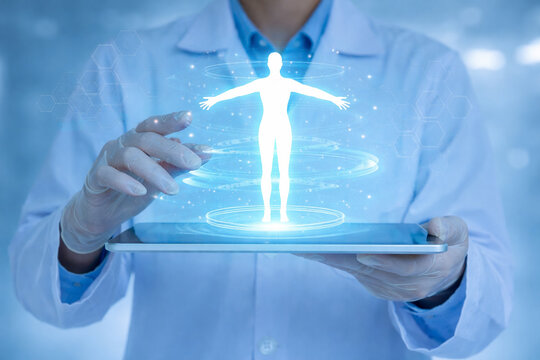 AI generated , doctor holding tablet projecting glowing holographic human body with data rings in modern medical environment representing digital healthcare and advanced technology innovation