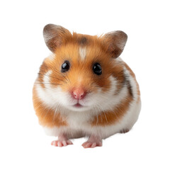 Small fluffy hamster with soft sandy brown and creamy white fur stands calmly, facing forward. Its big black eyes watch intently from the isolated, clean transparent background.