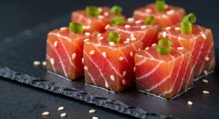 Salmon cubes with sesame, spring onion