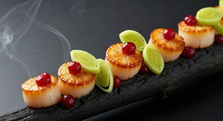 Seared scallops on charred wood with garnish