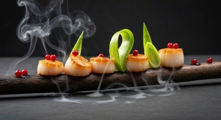 Seared scallops on branch, with red berries, smoke