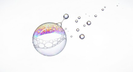 Soap bubble bursting, trailing smaller droplets
