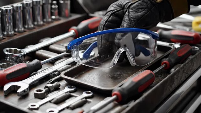 Close-up of a person's gloved hand reaching for safety glasses placed on a toolbox filled with various mechanical tools, including wrenches and screwdrivers