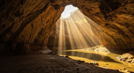 Sunlit cave with water, cavernous, mystical