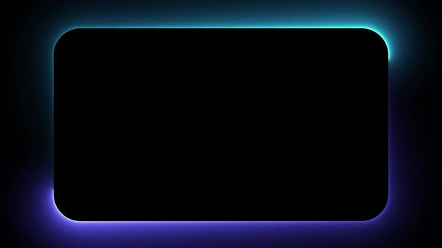 Abstract glowing neon rounded rectangle frame with vibrant cyan and blue outer glow animation. Seamless loop movement.