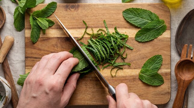 Top Down Detail of Professional Knife Blade Chiffonade Cutting Fresh Mint Leaves into Fine Ribbons on Wooden Board
