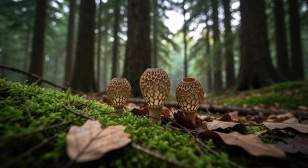 Three morels on moss in a dark forest