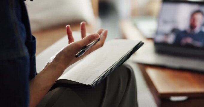 Hands, notebook and virtual consulting with person in office for diagnosis, feedback or healthcare. Digital therapy, pen and video call with mental health consultant in session for review or support