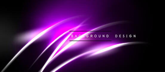 Obraz premium Dark backdrop features vibrant purple streaks. Lines create dynamic, modern visual effect. Text reads background design.
