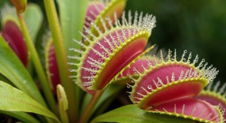 Venus flytrap close-up, glistening dew