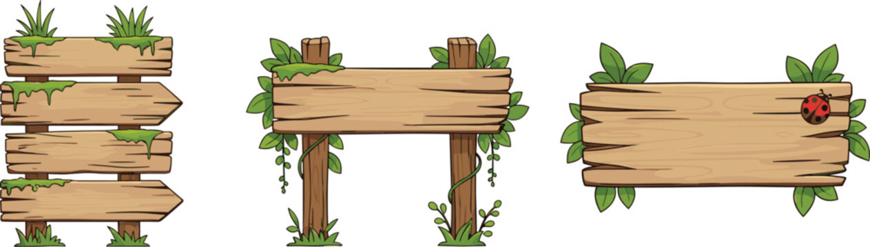 Wooden signboard collection with natural rustic boards leaves and grass vector illustration isolated design set