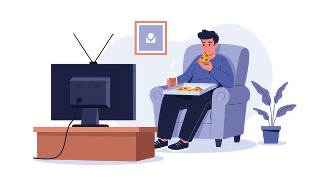 Relaxed man sitting in an armchair eating pizza and drinking coffee while watching television at home for lazy weekend lifestyle concept.