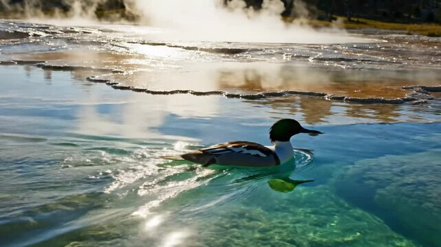 Scenic shot of a male common merganser swimming in a thermal spring water with steam rising in the background