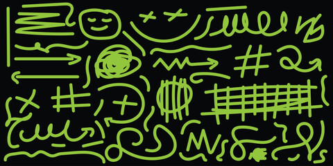 Neon green graffiti symbols and characters on black background