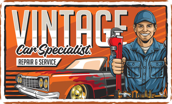 Retro detailed horizontal sign for vintage car specialist featuring a classic orange car and a mechanic holding a red wrench