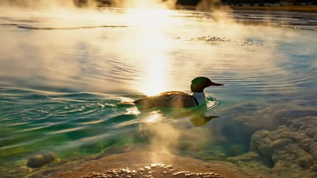 Scenic view of a male common merganser swimming on a clear blue lake with steam rising and golden sunlight shining