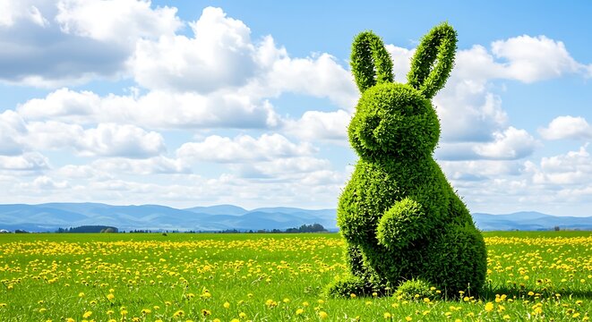 Green topiary bunny statue in field of yellow flowers rabbit hedge