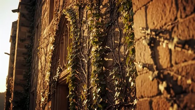 Stone building facade with vines climbing, bathed in warm, muted sunlight