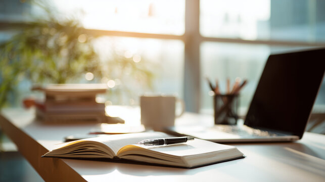 student studying at clean modern desk with laptop and notebook, organized workspace for remote learning and creative writing with bright morning sunlight