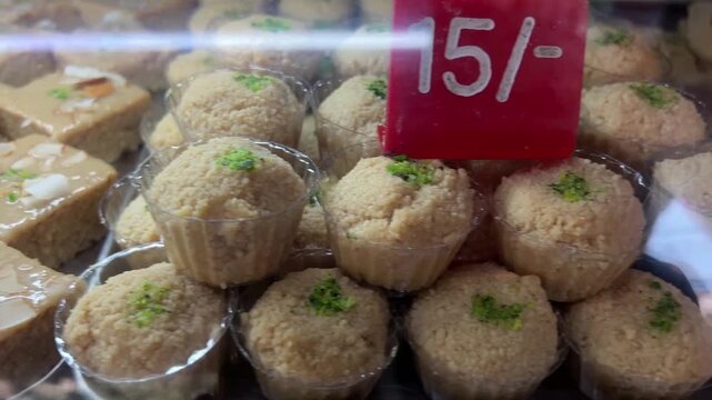 Special nolen gur sandesh sold in a sweet shop in Kolkata, India