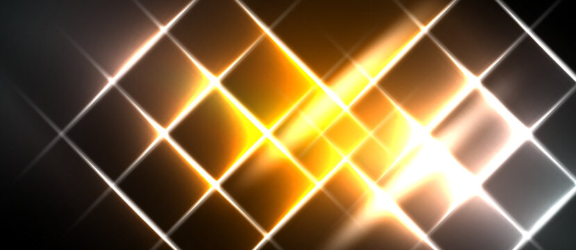 Abstract geometric pattern. Bright lines intersect forming diamond shapes. Golden hues dominate dark background. Intense light radiates.