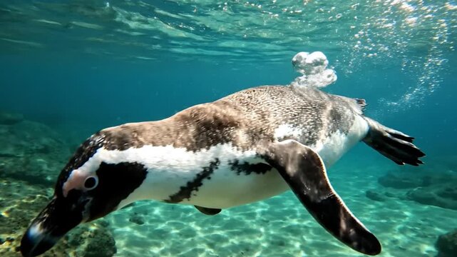 Penguin swimming underwater black  white plumage is clearly visible