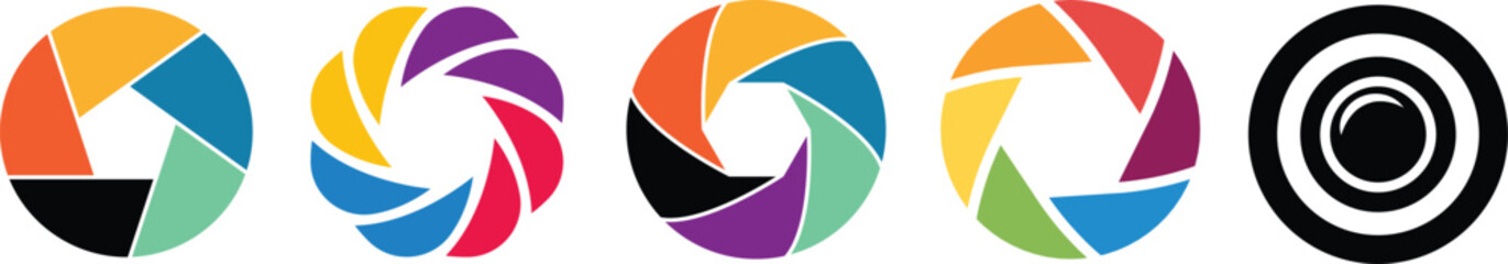 Obraz premium Camera shutter icons set. Camera lens diaphragm. camera shutter and camera lens icon collection. Black white style. lens aperture. Optical photography photography lens icons. vector illustration