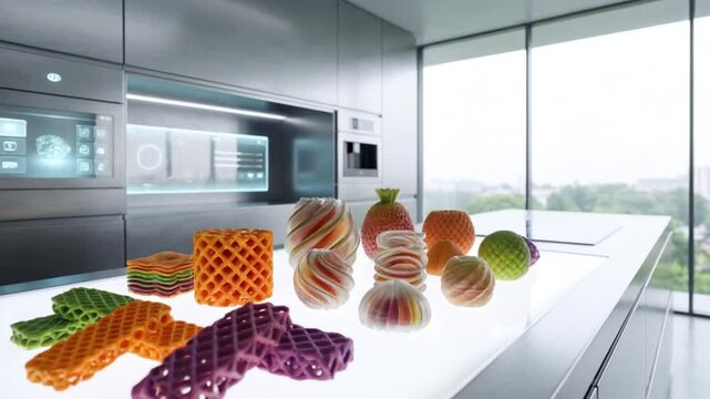 In a futuristic kitchen, sunlight streams through large windows, illuminating a sleek countertop adorned with vibrant 3D printed food items that boast intricate details