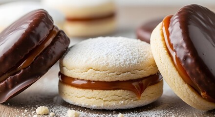 Assorted Alfajores with dulce de leche, powdered sugar, and chocolate glaze