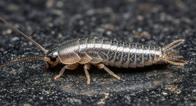 Silverfish Shimmer Ancient Insect on Dark Stone with CloseUp.