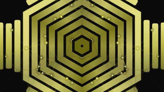 A mesmerizing geometric pattern of concentric hexagons in shades of gold and black, adorned with small dots, creating a sense of depth and symmetry