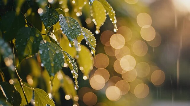 Seamless loop abstract close up of shimmering bokeh lights through damp hanging exterior foliage creating a beautiful warm golden pattern holiday, loop, ambient