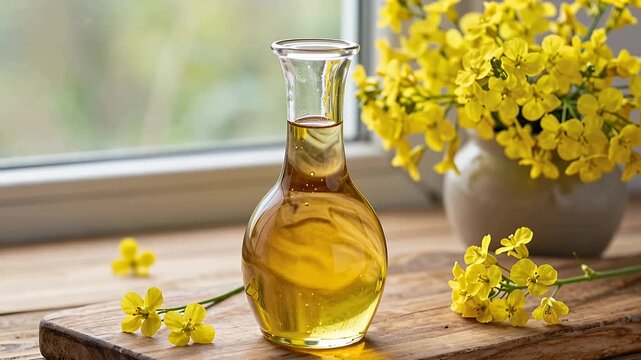 oil bottle with yellow flowers on wooden board by window, natural cooking oil scene