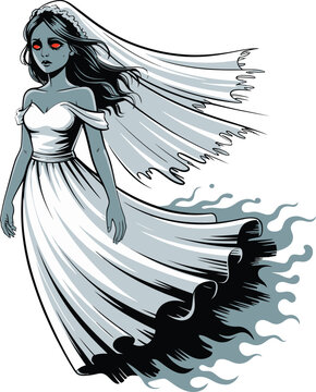 Ghostly Bride in Veil Floating with Ethereal Gown and Red Eyes Spooky Halloween Vector