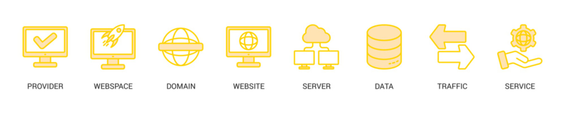 Web Hosting Lineal Yellow Icon Set For Web Banner. Vector Illustration Concept With Some Icons. Designed In Lineal Yellow Style