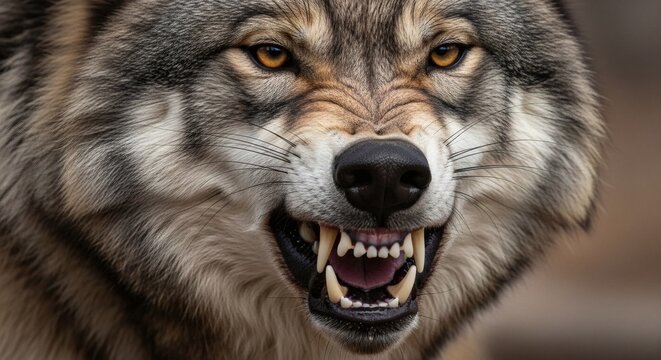 Snarling Wolf Fierce Predator Showing Teeth in the Wild.