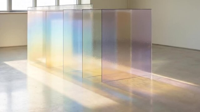 Soft gradient light beams gently filter through layered glass panels, creating a tranquil atmosphere filled with serene, overlapping colors of pastel blues, pinks, and greens