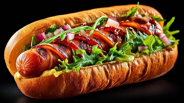 Hot dog with bacon lettuce and onion