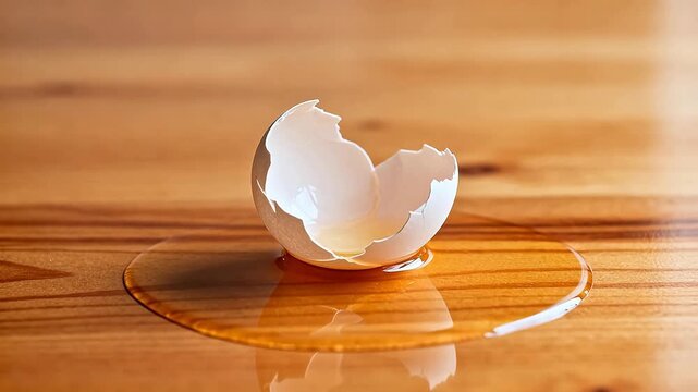 Broken egg with yolk on wooden surface