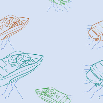 Editable Outline Top Back Oblique View American Bowrider Boats in Various Colors on Water Vector Illustration as Seamless Pattern for Creating Background of Transportation or Recreation Related Design
