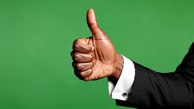 African American man's hand gives positive thumbs up on green screen with even studio light.