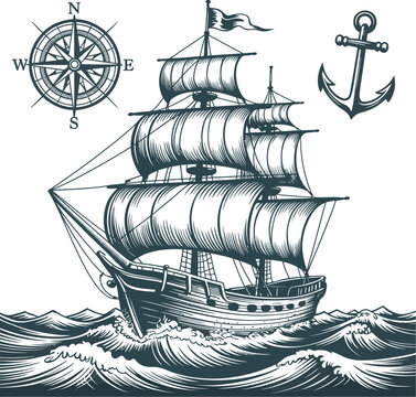 Vintage Sailing Ship on Waves with Compass and Anchor Nautical Adventure Vector