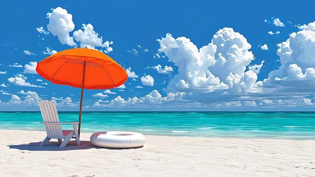 Beach scene with chair umbrella and float