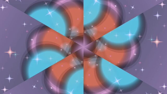 A kaleidoscopic design with blue, pink, and orange shapes on a purple background