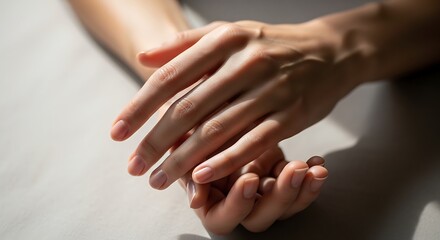 Fototapeta premium Close up of hands with soft lighting and subtle textures on a neutral surface