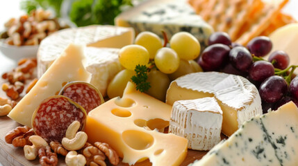 Close-up of a lavish cheese and charcuterie board with grapes and nuts, a perfect pairing for wine lovers.