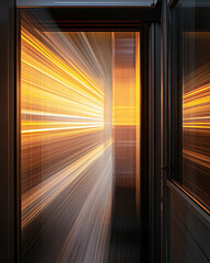 Streaks of golden light radiate through an open doorway, creating a dynamic speed effect in a dark interior.