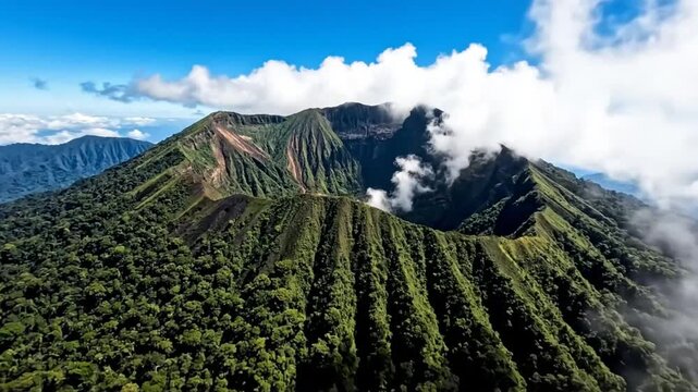 Aerial view of a lush green volcanic mountain with a caldera partially covered by clouds under a blue sky