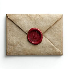 An old, folded envelope with a red wax seal, lying flat against a white background